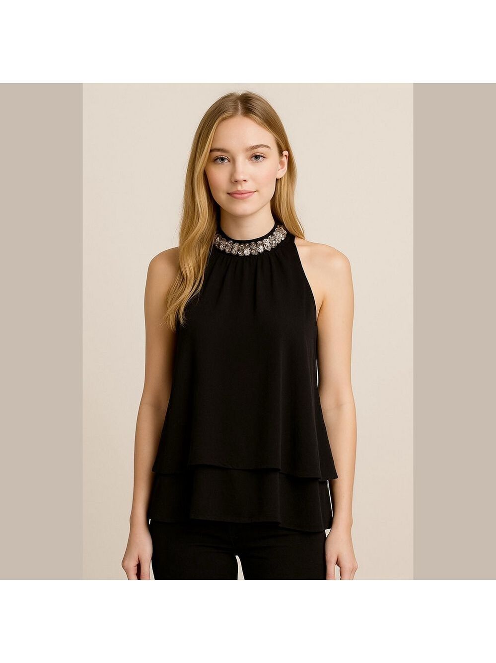 Vintage Black modest sleeveless top with sequin sparkly collar • evening wear